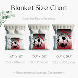 Blanket size chart showing three bed setups with soccer-themed personalized blankets for a queen size bed, labeled 30 x 40 inches, 50 x 60 inches, and 60 x 80 inches with measurements in inches and centimeters.