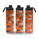 featuring 3 sides to a water bottle so you can see all sides. The water bottle is orange ombre, with the name 'JONAH' all over in silver, in all different fonts.