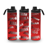 featuring 3 sides to a water bottle so you can see all sides. The water bottle is red ombre, with the name 'JONAH' all over in silver, in all different fonts.
