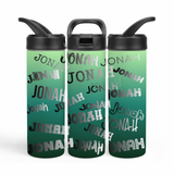 featuring 3 sides to a water bottle so you can see all sides. The water bottle is green ombre, with the name 'JONAH' all over in silver, in all different fonts.
