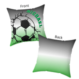 Personalized square throw pillow shown from front and back on a white background. The front features a soccer ball graphic with cracks and the name 'MICHAEL' in green.