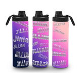 insulated stainless steel water bottle showing 3 views so you can see the whole image. It has a colorful gradient design, purple to pink, with the name 'Jillian' repeated in all different silver fonts. 