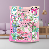 An ombre pink throw blanket with a collage style of all things mahjong. Tiles, flowers, sunglasses, coffee and cute little mahjong phrases like "mahj happens" and "talk tiles to me". The colors are bright and 'preppy' style. 