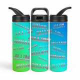 insulated stainless steel water bottle showing 3 views so you can see the whole image. It has a colorful gradient design, lime green to light blue, with the name 'Jillian' repeated in all different silver fonts. 
