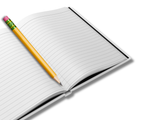 open journal showing lined paper with a pencil. 