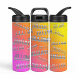 insulated stainless steel water bottle showing 3 views so you can see the whole image. It has a colorful gradient design, pink, orange and yellow, with the name 'Jillian' repeated in all different silver fonts. 