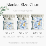 Blanket size chart graphic showing three bed setups with blankets labeled for names Sebastian, with text listing three size options: 30" x 40", 50" x 60", and 60" x 80" in inches and centimeters.