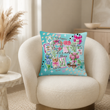 ombre turquoise square throw pillow covered in all things mahjong. Bright and preppy colors like pink, turquoise, green and white. 