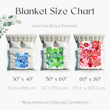 Throw blanket size chart showing the 3 different sizes. 