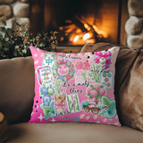 ombre pink square throw pillow covered in all things mahjong. Bright and preppy colors like pink, turquoise, green and white. 