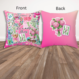 decorative throw pillows shown labeled Front and Back, displayed against a white wall and wood floor. The front pillow has a busy pink collage design with text, all things mahjong related, and illustrations, and the back pillow has a solid pink background with a bouquet of flowers and a tile.