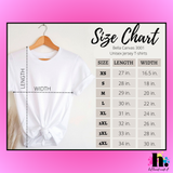 Size chart for Bella Canvas 3001 Unisex Jersey T-shirts with a white t-shirt on a hanger.