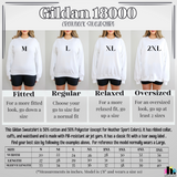 A size guide infographic for the Gildan 18000 crewneck sweatshirt, showing model photos of the same sweatshirt in sizes M, L, XL, and 2XL with fit labels (Fitted, Regular, Relaxed, Oversized), plus a measurement table and product details.