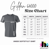 A size chart graphic for a Gildan 64000 unisex softstyle T-shirt. The left side shows a dark gray T-shirt with white dashed lines indicating width and length measurements, and the right side contains a size table listing measurements from S to 4XL in inches.