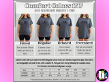 A size guide graphic for Comfort Colors 1717 adult heavyweight ring-spun T-shirts, showing four models wearing shirts labeled M, L, XL, and 2XL with fit descriptions, plus a measurement table at the bottom.