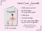 A promotional graphic for a hardcover journal with a pink ballet dancer illustration and the name 'Elizabeth' on the cover. The image includes product features and dimensions: full wraparound print, 150 lined pages, matte finish, casewrap binding, and a sewn spine.