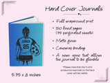 A hardcover journal shown on a light pink background with printed product details. The journal cover is blue with a black silhouette of a soccer player from behind holding a ball, and the back reads 'JONES 25'.