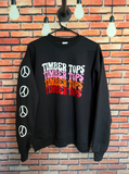 black crewneck sweatshirt with camp name 'timber tops' in a wavy retro font, written across the chest 4 times going from white, pink, orange, and red. there are 4 white peace signs going down one arm. 