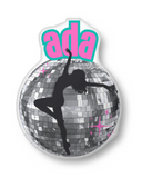 disco ball pillow with the name 'ada' on top and silhouette of a dancer in the center. 