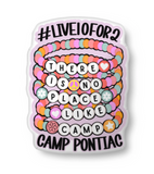 stack of camp bracelets shaped throw pillow, with #live10for2 at the top, camp pontiac at the bottom, and within the beads in the bracelets it says 'there is no place like camp'.