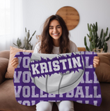 purple throw blanket with text 'VOLLEYBALL' on repeat down the whole blanket. A big white volleyball in the center, with a name going through the ball. 