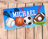 Personalized towel with sports-themed design and name 'Michael' with a blue background