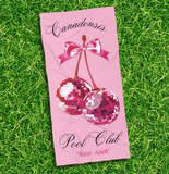 Pink beach towel with disco cherries and 'Canadensis Pool Club' text 
