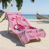 Pink beach towel with disco cherries and 'Iroquois Springs Pool Club' text 