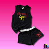 Black tank top with cursive text 'CHENNY' and yellow bow underneath, and black shorts with red bow. 