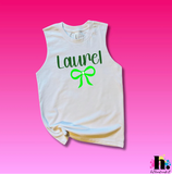 white tank top with green cursive text 'LAUREL' with neon green bow underneath. 