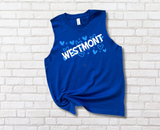 Blue tank top with hearts across the chest and camp name going diagonally through them. 