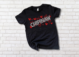 Black t-shirt with hearts across the chest and camp name going diagonally through them. 