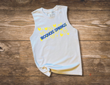 White tank top with hearts across the chest and camp name going diagonally through them. 