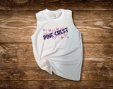 White tank top with hearts across the chest and camp name going diagonally through them. 