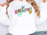 White hoodie with ransom style decorative text spelling out a camp name, with a leopard print star, green bow and glittery gold heart. 