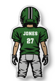 a football shaped throw pillow seen from the back wearing a green helmet, green jersey that says 'JONES 27' 