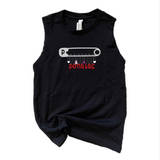 A black sleeveless muscle tank top featuring a novelty graphic of a safety pin with hanging charms spelling out 'pontiac' printed in red below it, displayed on a clean white background.