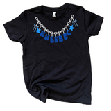 A black short-sleeve t-shirt with a 'KWEEBEC' charm necklace across the top of the shirt. 