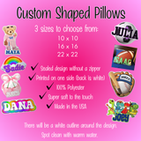 Promotional image of custom shaped pillows with product details on a pink background