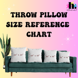 throw pillow size chart showing the 4 different sized pillows offered. 