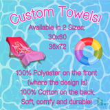 custom towels fact sheet including available sizes, materials, etc. with some pool and beach images.