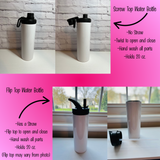 A product comparison collage showing two styles of white stainless steel water bottles with black lids: a screw-top water bottle with no straw and a flip-top water bottle with a straw. The image includes descriptive text overlays explaining the features of each bottle style.