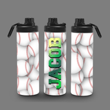 water bottle covered in baseballs, with the name 'JACOB' going up the side in green. 