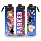 baseball water bottle with name and lots of colorful baseball images like bat, ball, glove, player, jersey, field, etc. background is blue. 