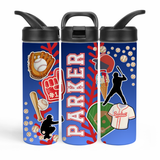 baseball water bottle with name and lots of colorful baseball images like bat, ball, glove, player, jersey, field, etc. background is blue. 