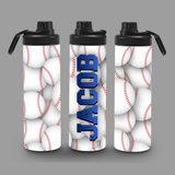 water bottle covered in baseballs, with the name 'JACOB' going up the side in blue. 