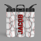 water bottle covered in baseballs, with the name 'JACOB' going up the side in red. 