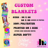 Custom printed polyester blankets promotional graphic with pink and black text on a pastel gradient background, showing several sample blanket designs along the left side and product details including sizes, material, one-sided printing, and softness.