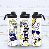white water bottle showing all sides of the bottle - filled with blue and yellow hearts, stars, sunglasses, peace signs, camp name 'Iroquois Springs' and zip code, with the name Harlye big in blue down the center of the water bottle. 