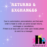 Returns and exchanges policy text on a gradient purple and pink background with decorative elements.